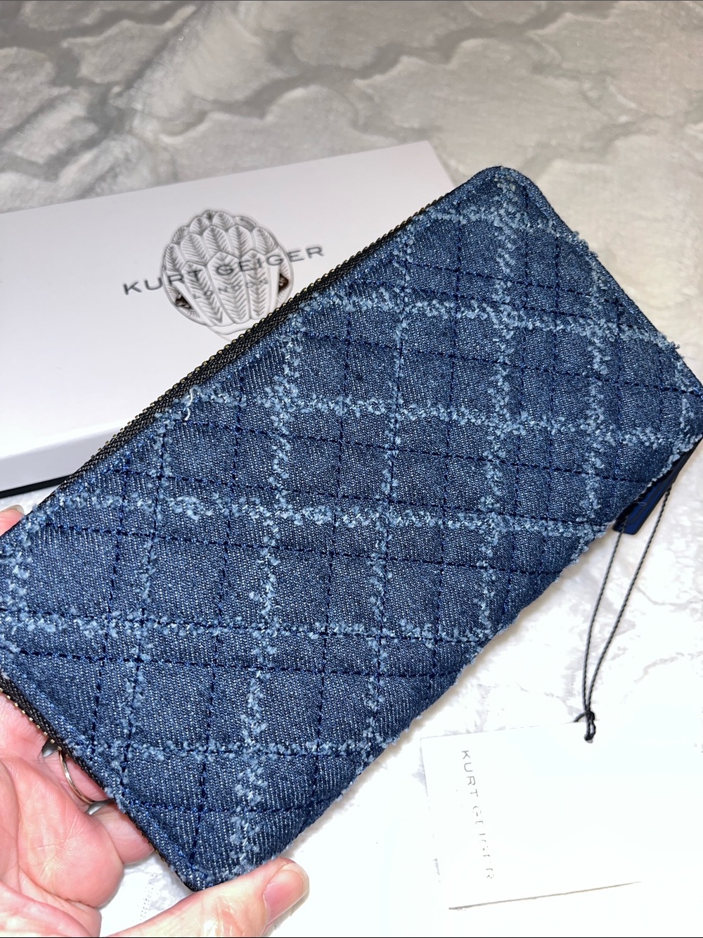 Kurt Geiger NWT! Brixton Quilted Fringed Denim Zip Around Wallet - Picture 5 of 8